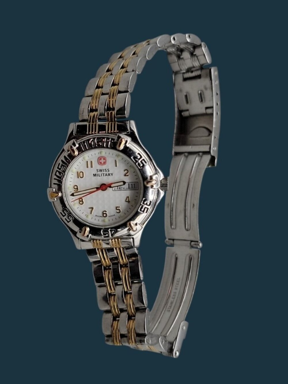 Vtg Wenger Swiss Military Ladies Watch Two Tone Day Date 29mm White Dial 6.25" - Picture 10 of 11